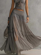 Gray Knit Top And Chiffon Long Skirt Set, Flowy Two-piece Set
