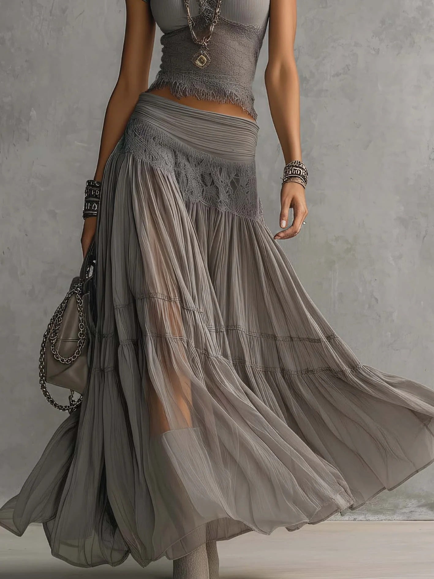 Gray Knit Top And Chiffon Long Skirt Set, Flowy Two-piece Set