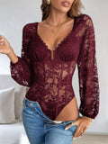 Openwork Lace V-neck Lace Trim Tight-fitting Base Layer Bodysuits