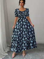 Floral Short Sleeve Square Collar Ruffle Vacation And Leisure Maxi Dresses