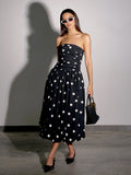 Polka Dot Pleated Strapless High-waisted Dress