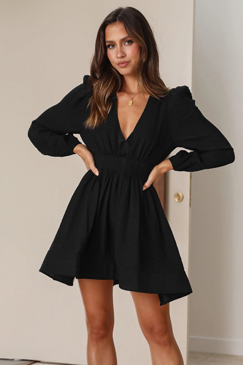 Deep V-Neck Puff Sleeve Shirred Waist Tiered Ruffle Mini Dress