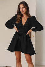 Deep V-Neck Puff Sleeve Shirred Waist Tiered Ruffle Mini Dress