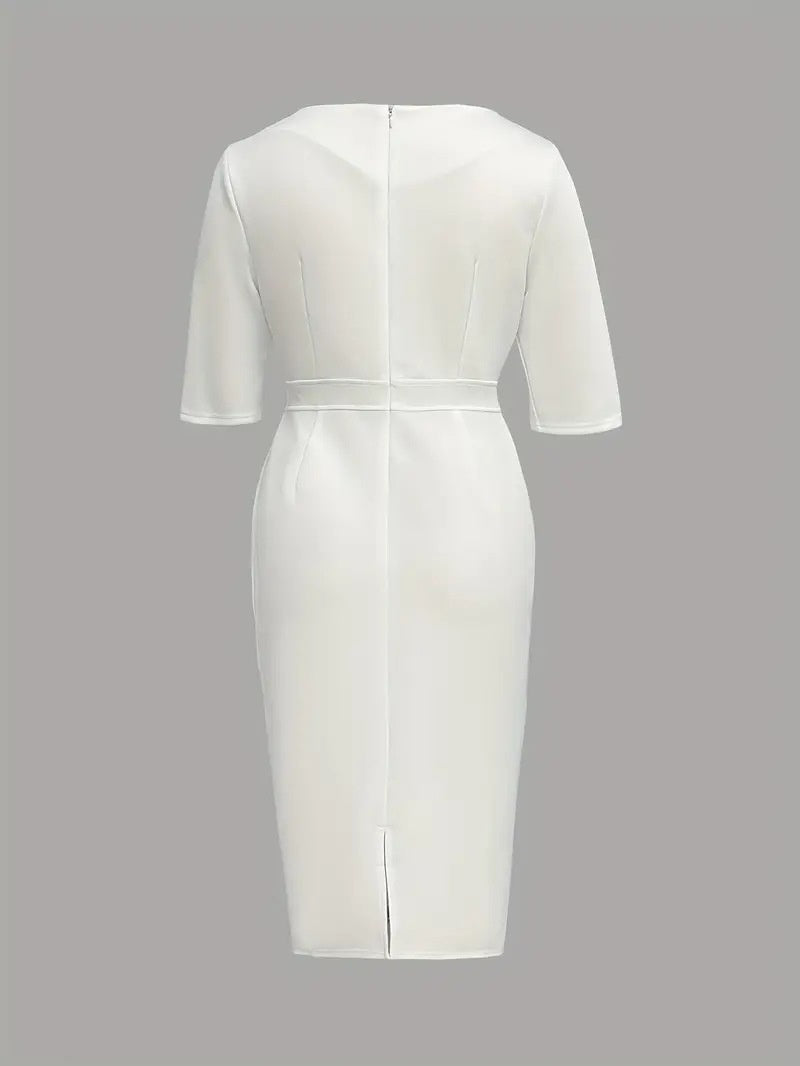 Solid Color Round Neck Fitted Waist Split Button-decorated Midi Dress