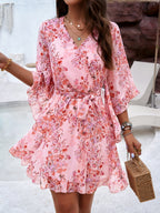 Floral Print Tie-waist Chiffon Short Dress