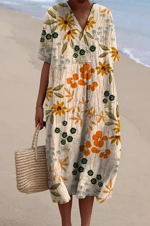 V Neck Short Sleeves Floral Print Loose Midi Vacation Dress
