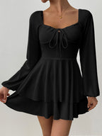 Temperament Grace Ruffle Long Sleeve Backless Lace Up Mini&Short Dresses
