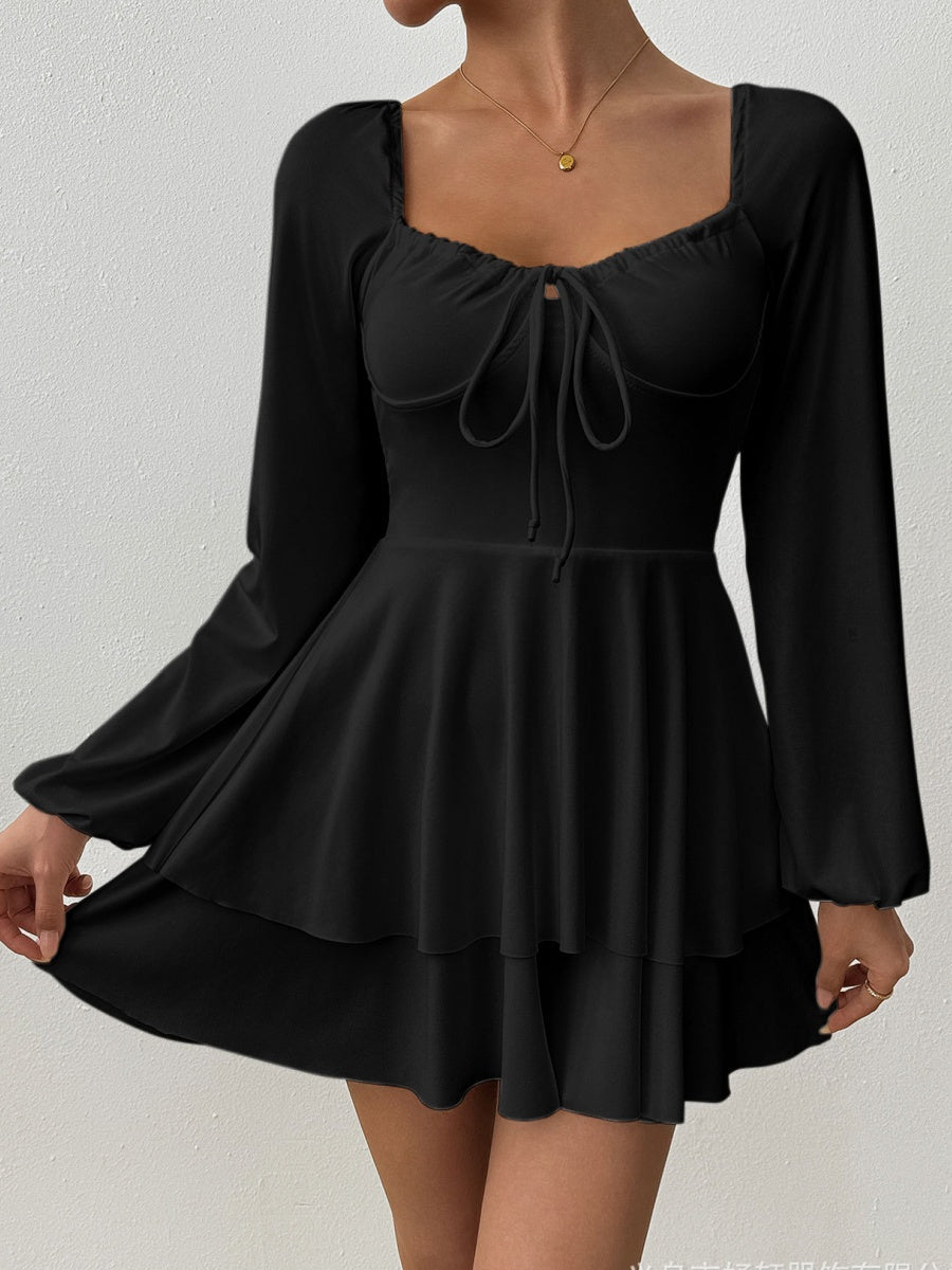 Temperament Grace Ruffle Long Sleeve Backless Lace Up Mini&Short Dresses