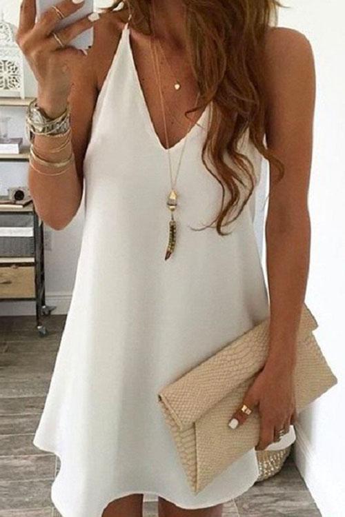 Solid V-neck Sleeveless Chiffon Swing Dress