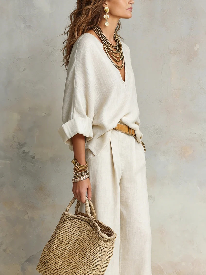 Casual Natural Linen Loose V-neck Vacation Two-piece Set