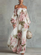 Off Shoulder Balloon Sleeve All-over Print Maxi Dresses