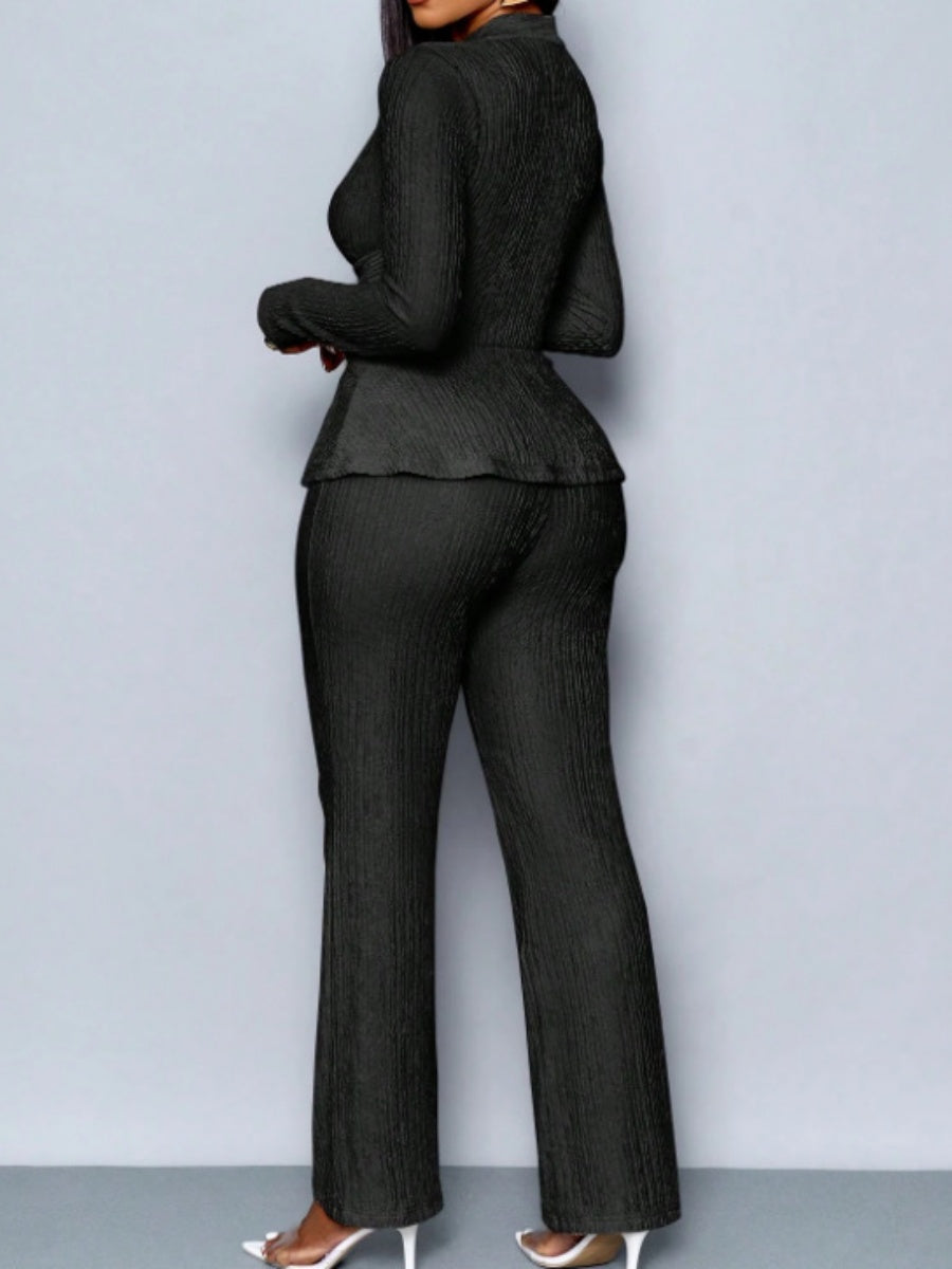 Long-sleeved, Irregular Hem, Fitted Top And Slimming Solid Color Trousers Two-piece Set