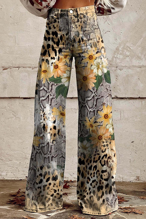 Leopard Floral Print Wide Leg Pocketed Pants
