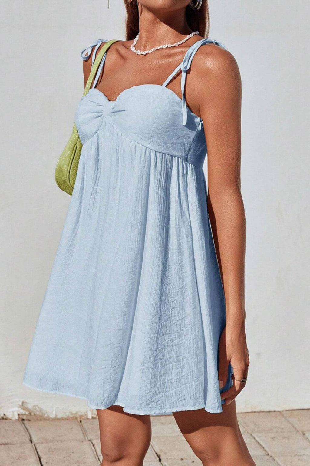 Tie Shoulder Sweetheart Gathered Bust Knot Detail Empire Waist Babydoll Mini Dress