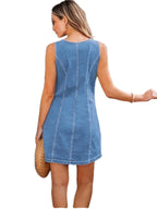 Sleeveless, Fitted Denim Button-down Short Dress With Patch Pockets