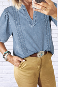 Casual Notched Puff Sleeve Denim Top