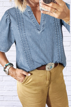 Casual Notched Puff Sleeve Denim Top