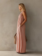Cotton And Linen Blend One-shoulder Sleeveless Resort-style Long Dress