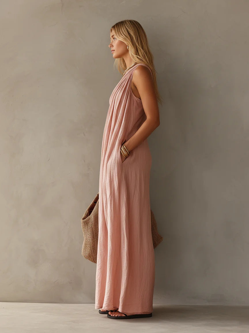 Cotton And Linen Blend One-shoulder Sleeveless Resort-style Long Dress