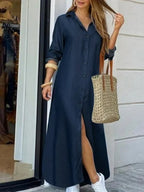 Shirt Collar, Pocket, Wide-hem Denim Maxi Dress