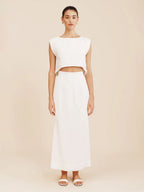 Cotton And Linen Loose-fitting Crew Neck Cropped Vest High-waisted Midi Skirt Set 2-piece Sets