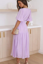 Deep V-Neck Smocked Waist Puff Sleeve Tiered Midi Dress