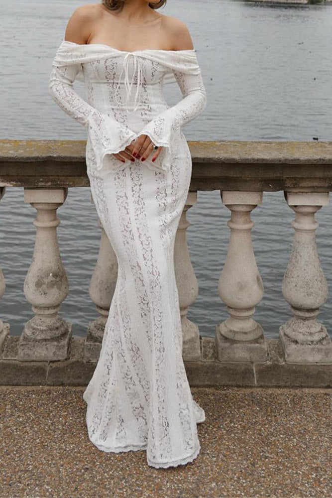 Matilde Statement Lace Wide Flared Sleeve Off Shoulder Dress Boutique Collection