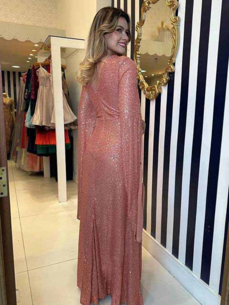 V-neck Hip-hugging Sequins Cloak Parties Maxi Dresses