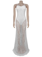 Lace Patchwork Evening Gown See-through Backless Camisoles Maxi Dresses
