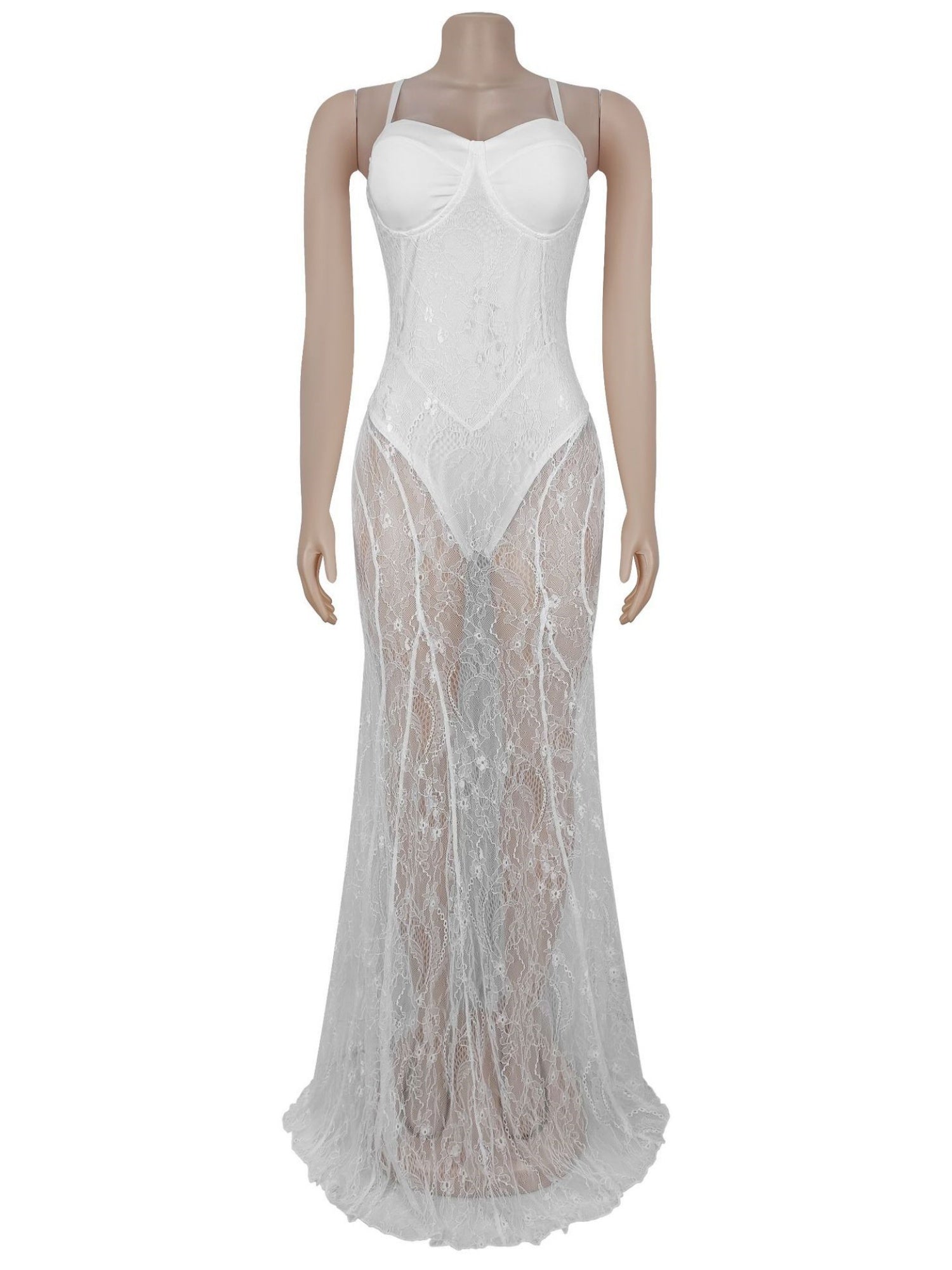 Lace Patchwork Evening Gown See-through Backless Camisoles Maxi Dresses