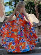 Chiffon Print Dress, Bohemian Resort Style Long Dress