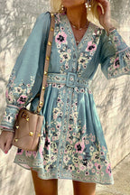 Tropical Botanical Print Puff Sleeve Belted Scalloped Hem Mini Dress