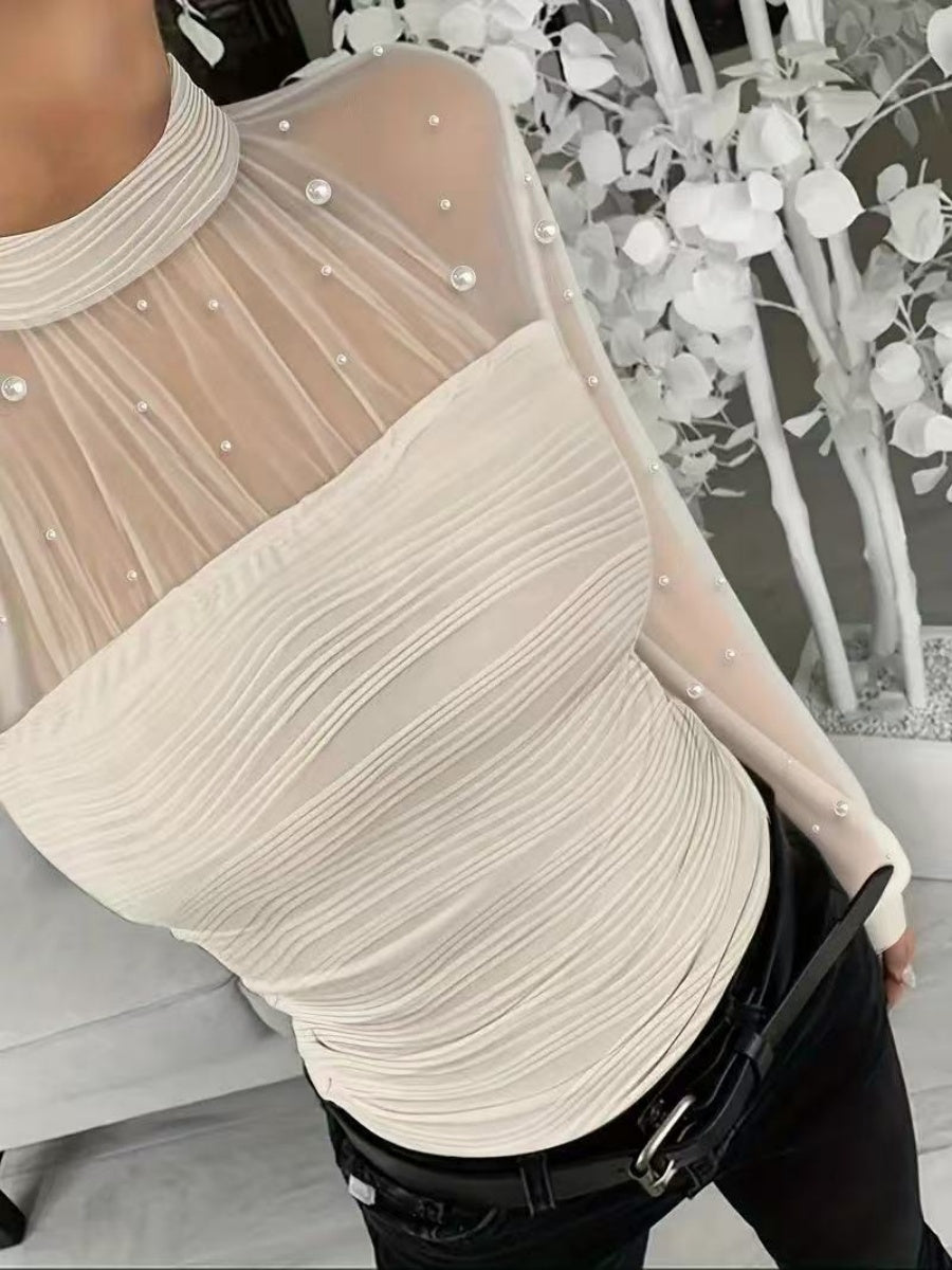 Beading Gathering Gauze T-shirt Sheer Tops