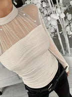 Beading Gathering Gauze T-shirt Sheer Tops