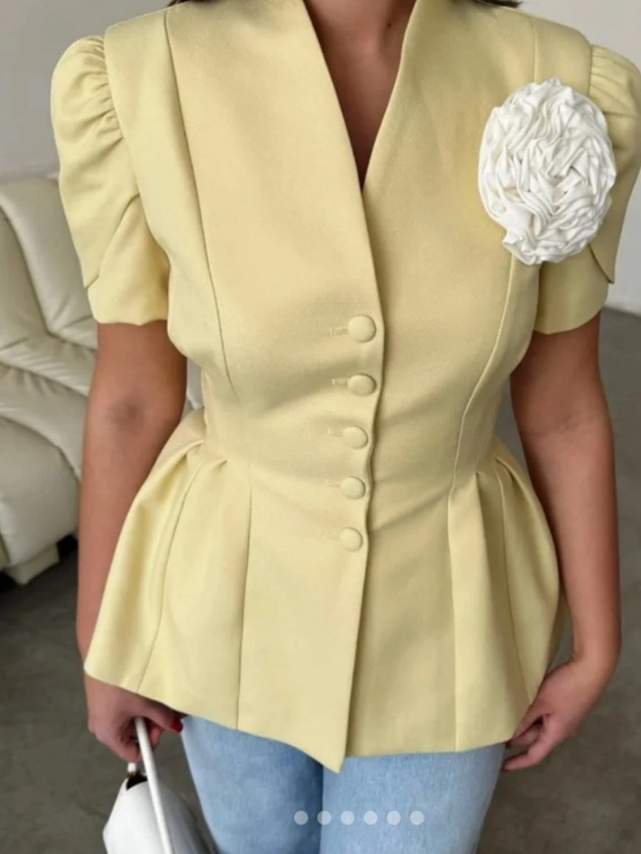 Waist 3D Flowers Short Sleeve Suit Jacket Commuting Shirts