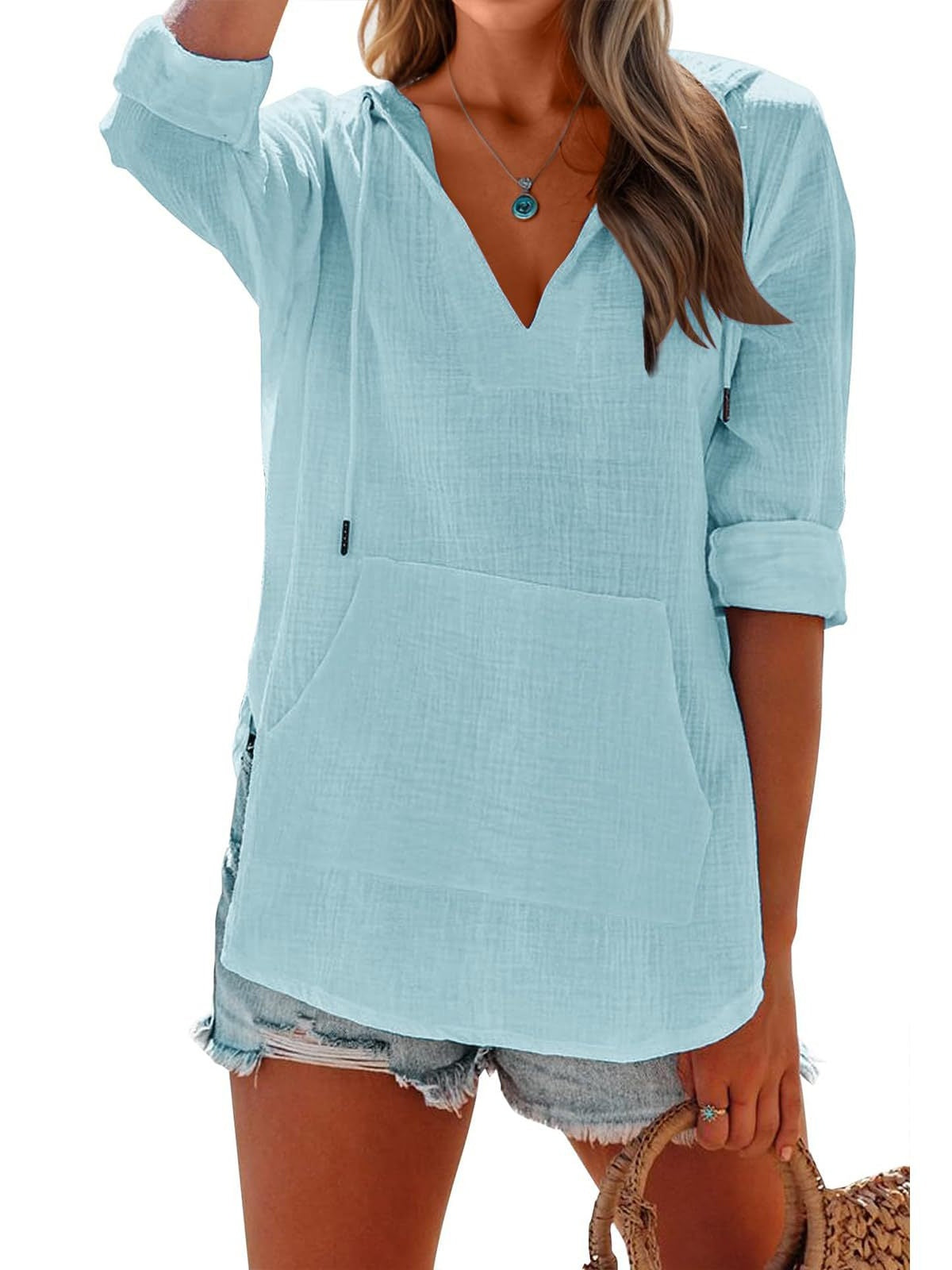 Long-sleeved V-neck Pocket Hoodie