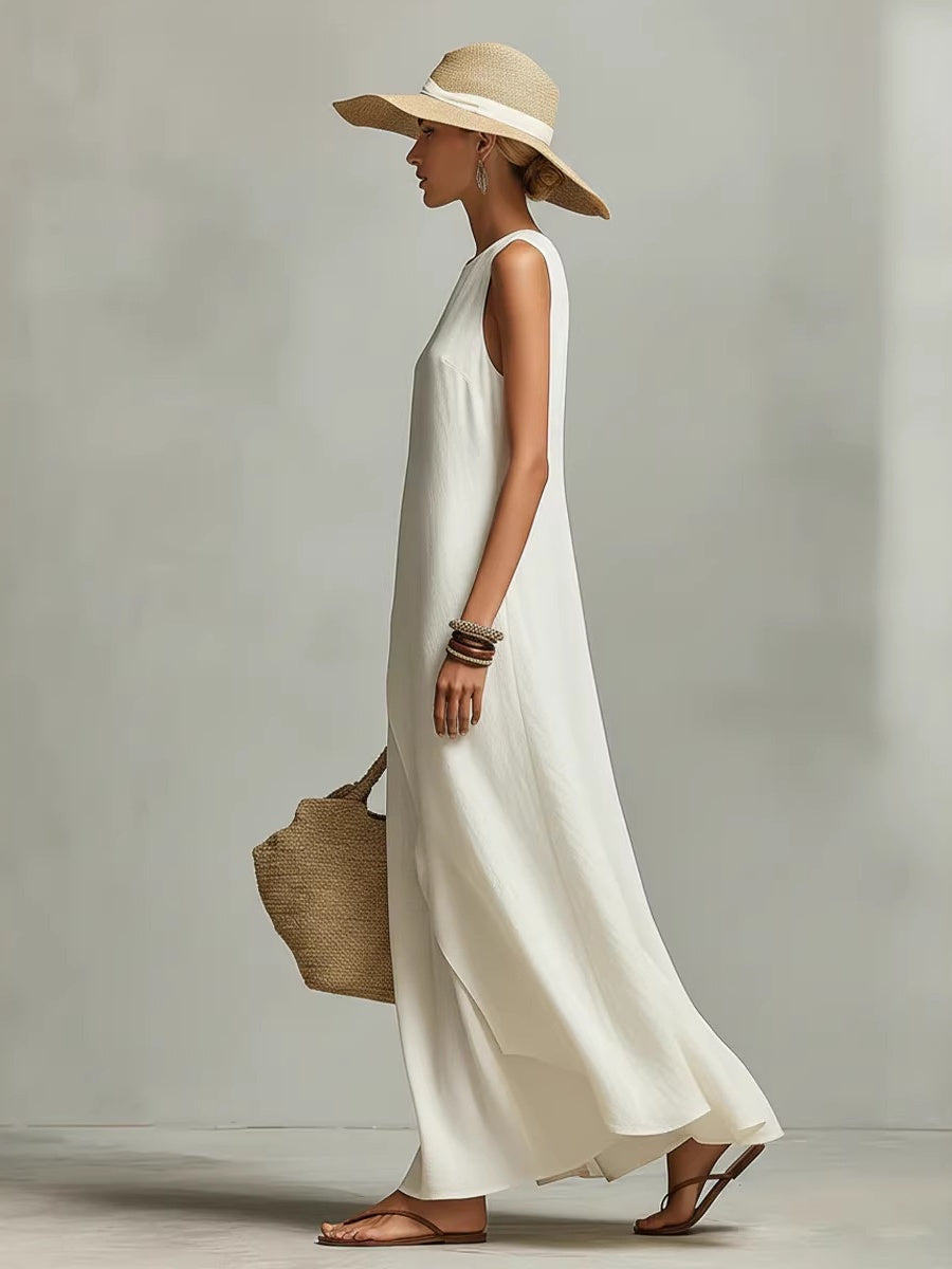 Sleeveless Asymmetrical Hem Cotton-linen Blend Long Dress
