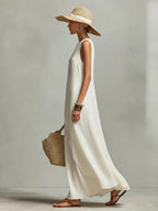 Sleeveless Asymmetrical Hem Cotton-linen Blend Long Dress