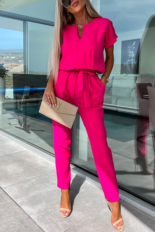 V Neck Rolled Sleeve Pullover Knot Waist Tapered Pants Set