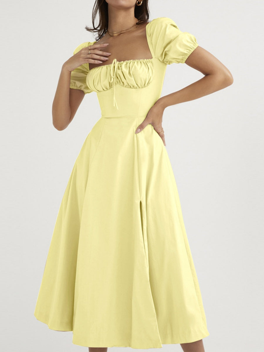 Square Collar Bandage Puff Sleeve Slit Midi Dresses