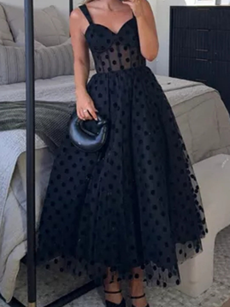 Mesh Polka Dots Temperament Little Black Dress Reunion Maxi Dresses
