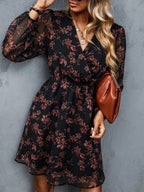 Printed Chiffon V-neck Sheer Long Sleeves Mini&Short Dresses