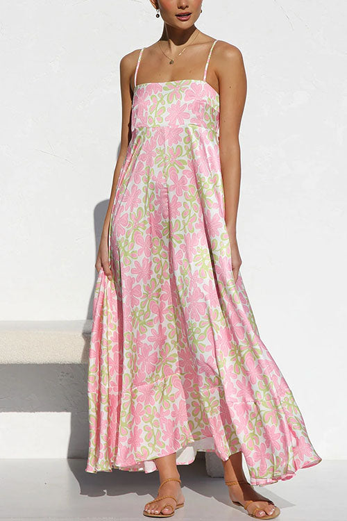 Spaghetti Strap Empire Waist Floral Print Swing Maxi Dress