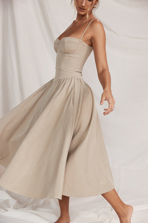Spaghetti Strap Corset Bodice Box Pleat A-Line Midi Dress