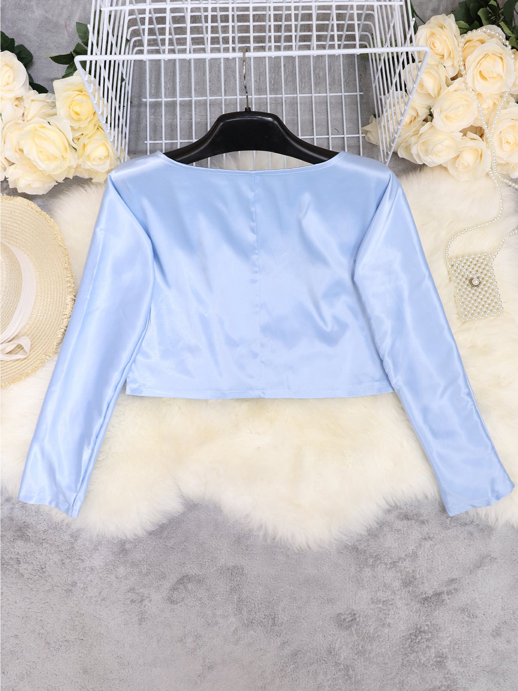 V-neck Long Sleeve Side Straps Silk Chiffon Blouse