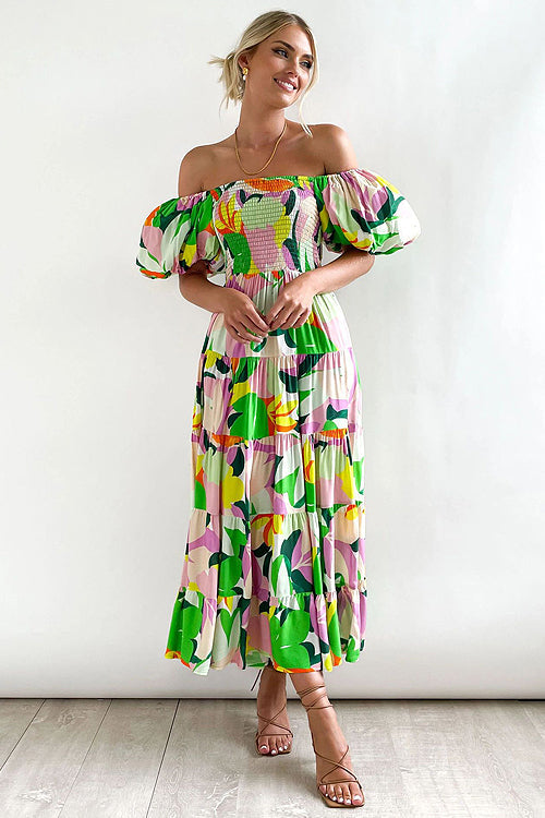 Off Shoulder Smocked Tiered Abstract Circle Print Maxi Dress