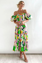 Off Shoulder Smocked Tiered Abstract Circle Print Maxi Dress