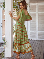 Printed Color-blocked Square Neck Short Sleeve Maxi Dresses