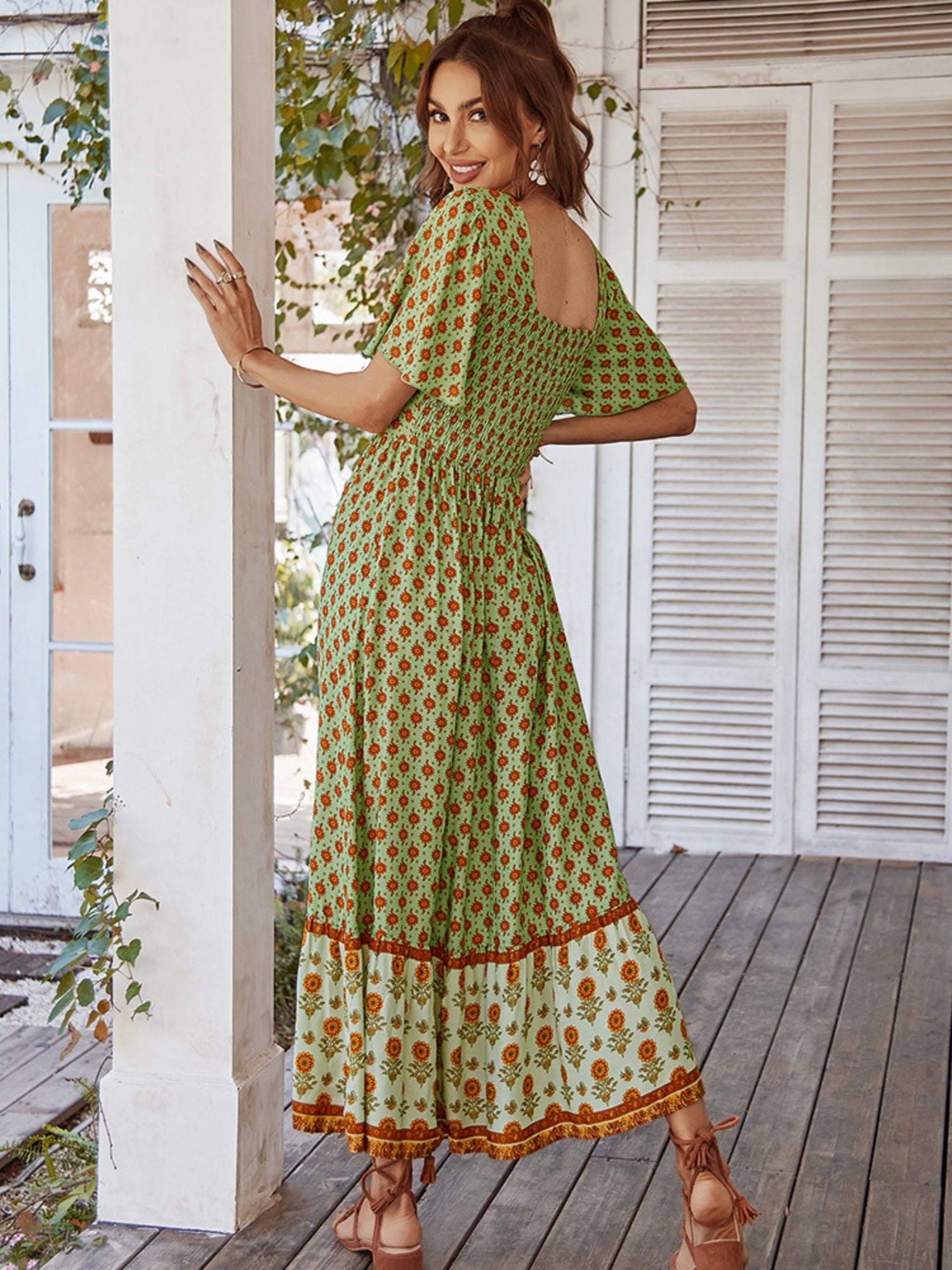 Printed Color-blocked Square Neck Short Sleeve Maxi Dresses