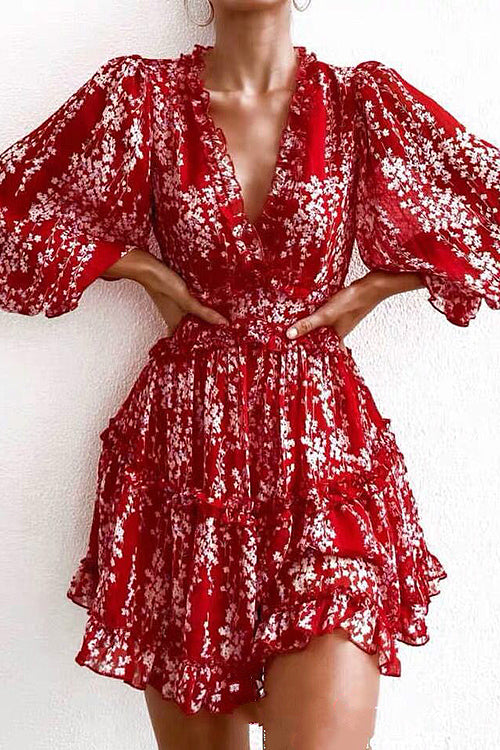 Floral Print Deep V-Neck Bishop Sleeve Tiered Ruffle Mini Dress